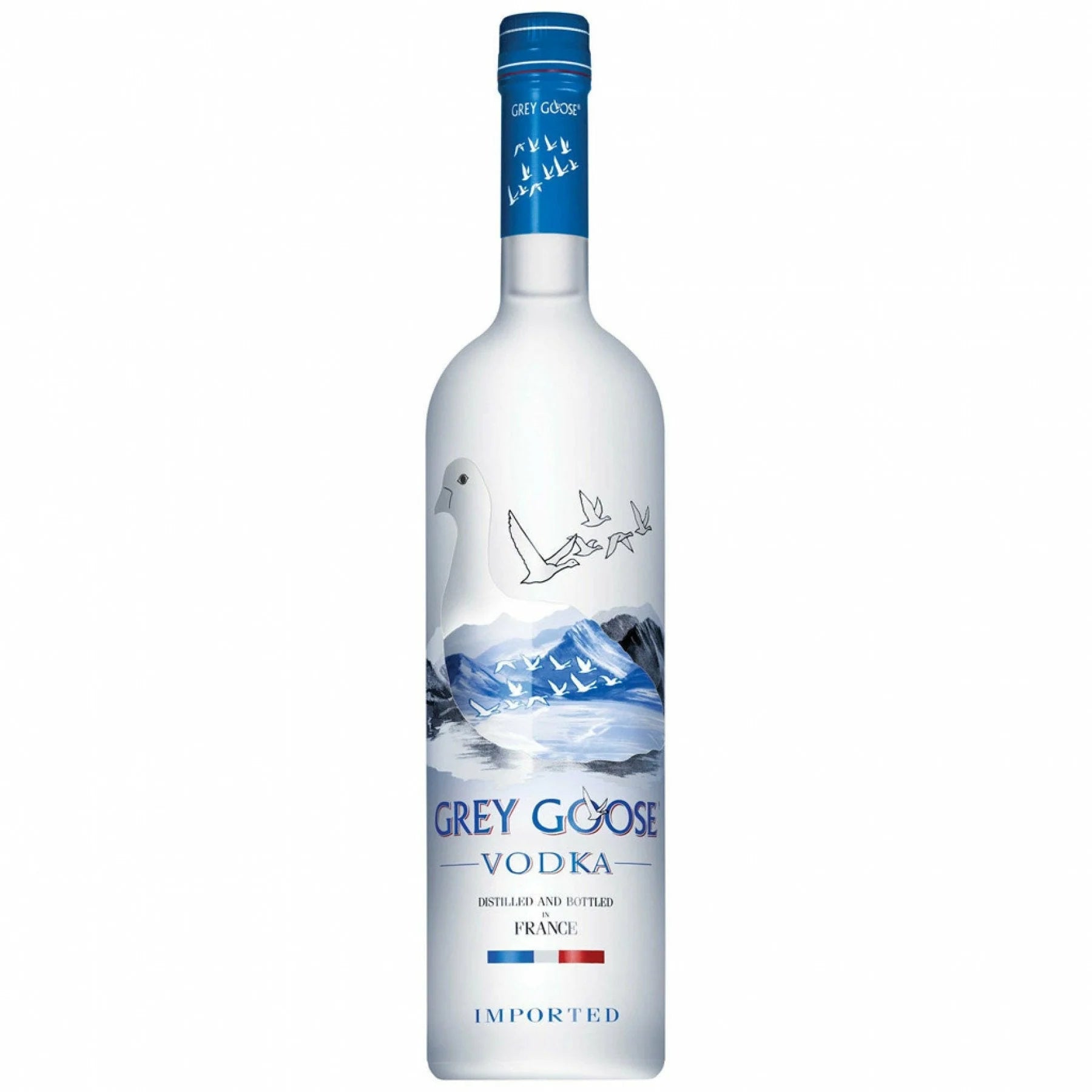 750ml bottle of Grey Goose Vodka with clean white and blue label featuring flying geese and French branding