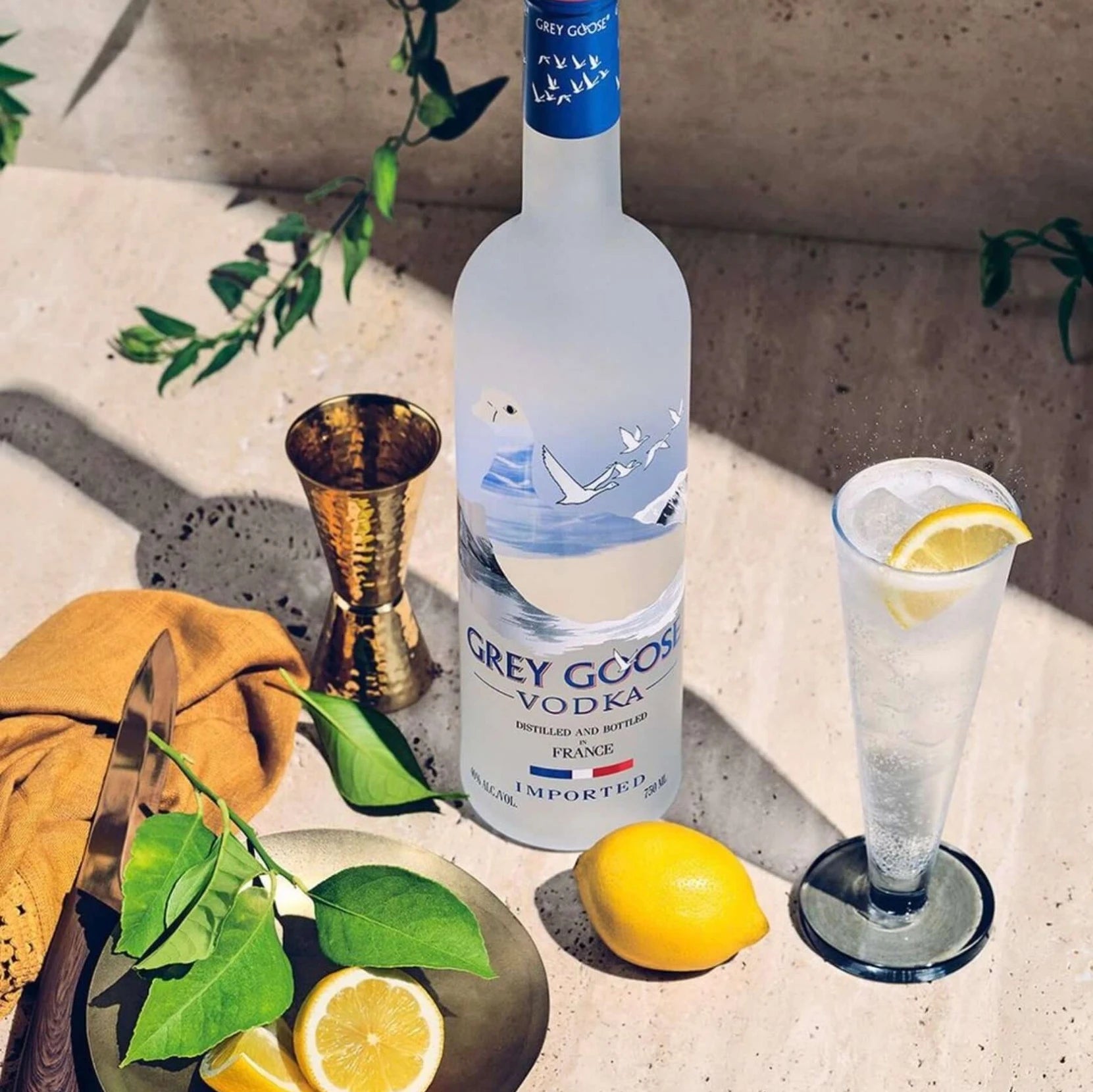 Grey Goose Vodka bottle with lemon garnish and cocktail on stone table with summer sunlight