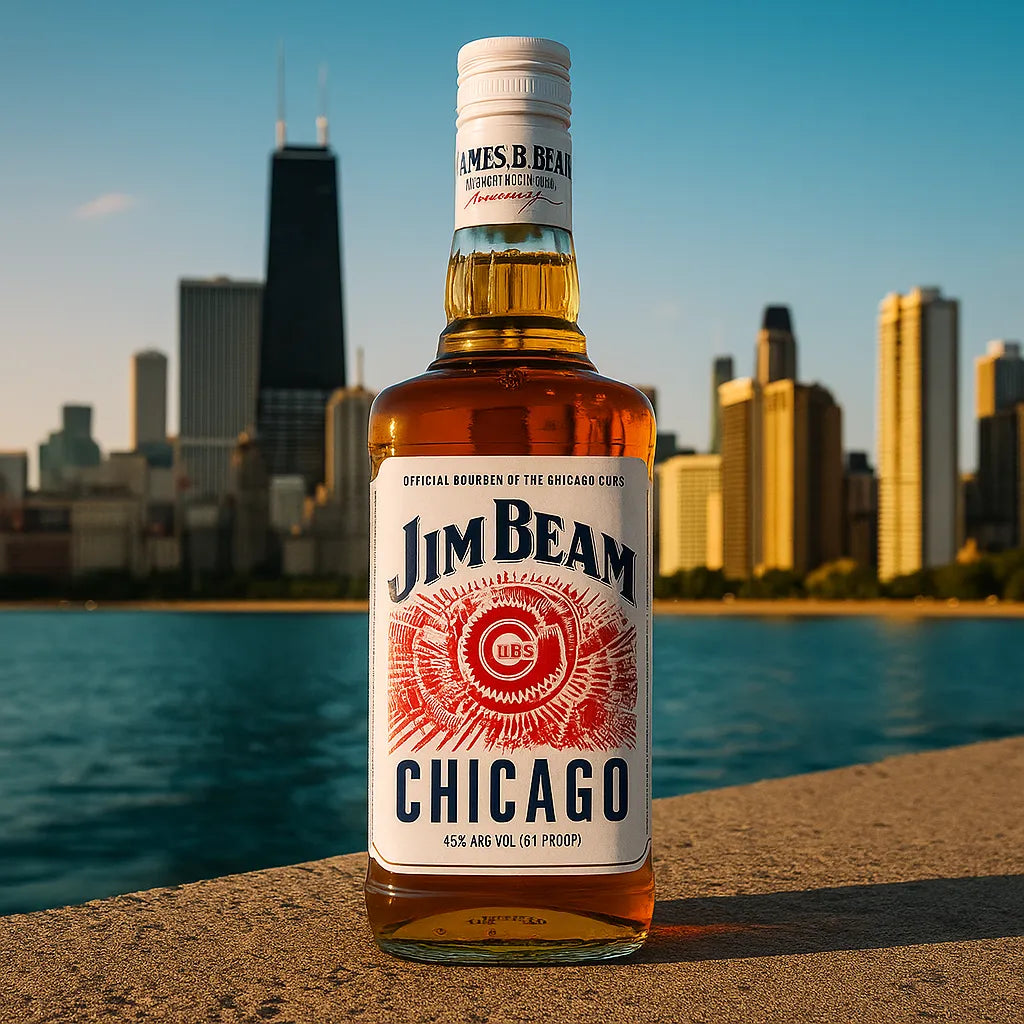 Limited edition Jim Beam Chicago Cubs bottle with the Chicago skyline and lakefront in the background — perfect for bourbon lovers and Cubs fans alike.