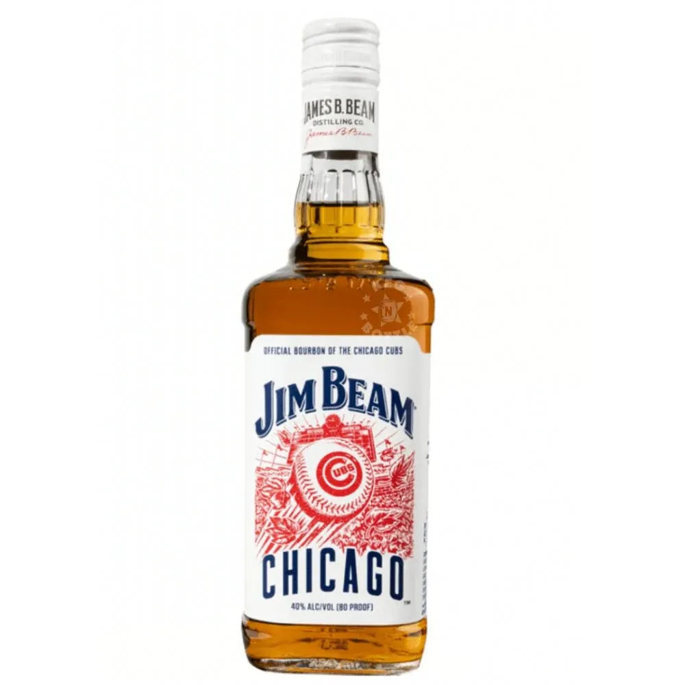 Limited edition Jim Beam Chicago Cubs bourbon bottle with baseball-themed label design, celebrating Chicago sports and whiskey culture.