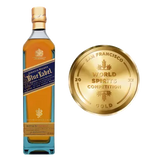 Johnnie Walker Blue Label bottle with 2022 San Francisco World Spirits Competition gold medal, award-winning luxury Scotch whisky for gifting and special occasions