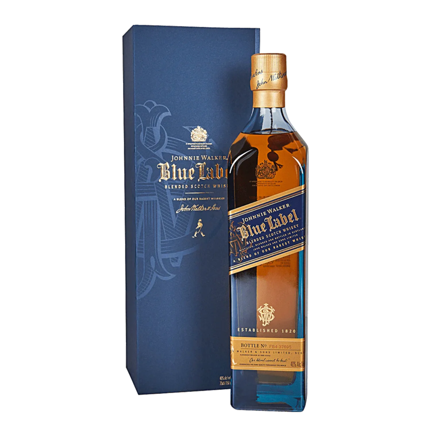 Johnnie Walker Blue Label luxury Scotch whisky 750ml bottle with premium gift box, ultra-premium blend crafted from rare aged casks, smooth and complex flavor profile.