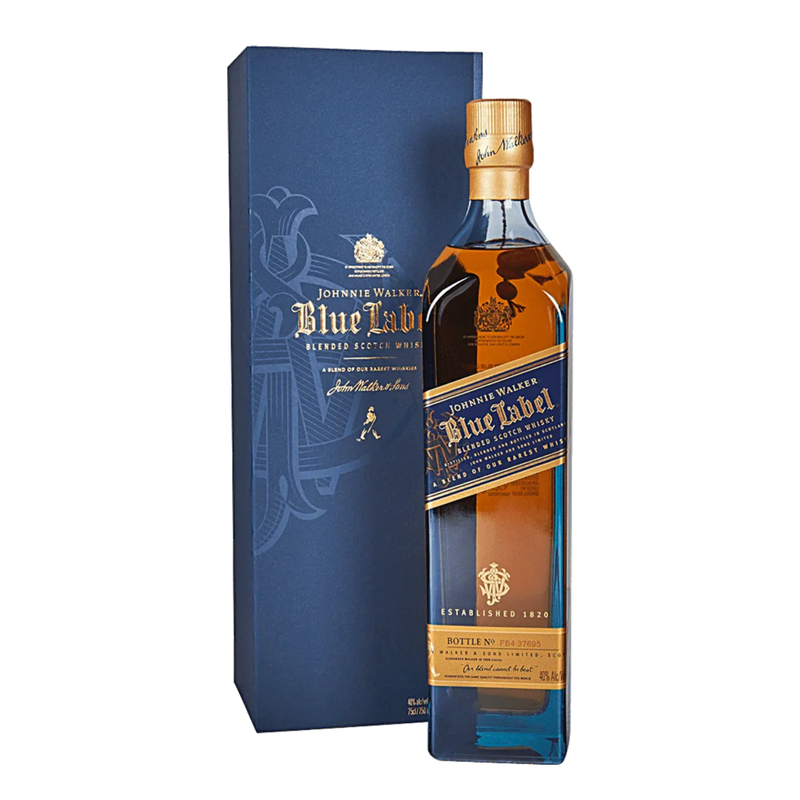 Johnnie Walker Blue Label luxury Scotch whisky 750ml bottle with premium gift box, ultra-premium blend crafted from rare aged casks, smooth and complex flavor profile.