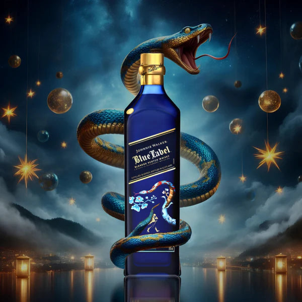 Johnnie Walker Blue Label Year of the Snake 2025 Limited Edition bottle with snake artwork and celestial background celebrating Lunar New Year