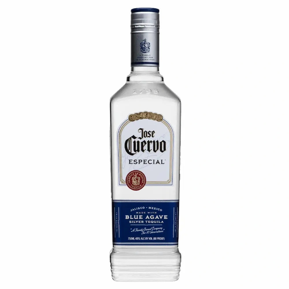 Jose Cuervo Especial Silver Blue Agave Tequila 750ml bottle with blue and white label featuring the brand logo and agave emblem, premium Mexican tequila made with 100% blue agave.