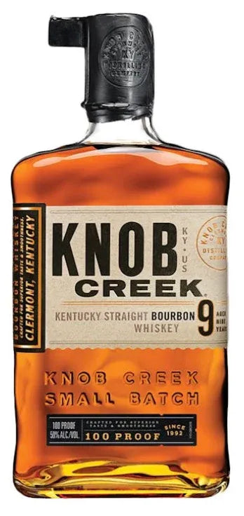 Knob Creek 9 Year Kentucky Straight Bourbon Whiskey – 100 Proof Small Batch Bottle with classic label design, showcasing rich amber bourbon.