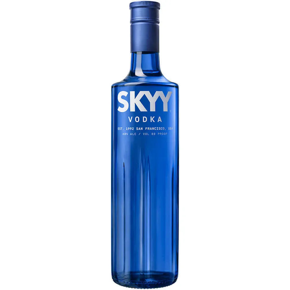 SKYY Vodka 750ml bottle in signature blue glass, premium American vodka from San Francisco
